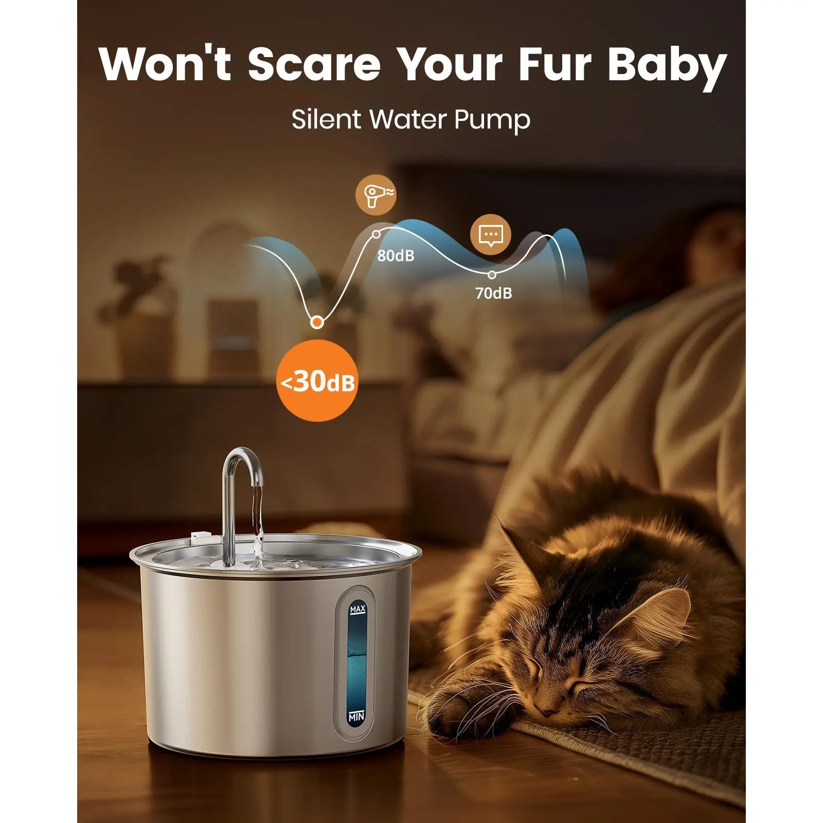 Oneisall Cat Water Fountain with 3 Replacement Filters,304 Stainless Steel, 2L/67Oz Automatic Water Fountain for Cats , Visual Water Level Window with Led,Gift for Pet