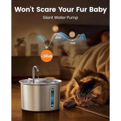 Oneisall Cat Water Fountain with 3 Replacement Filters,304 Stainless Steel, 2L/67Oz Automatic Water Fountain for Cats , Visual Water Level Window with Led,Gift for Pet