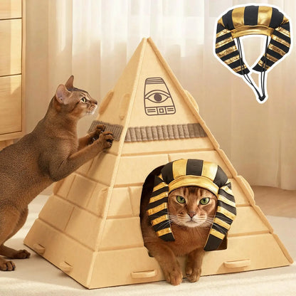 Cat Cave Bed for Indoor Cats – Scratch-Resistant Felt Cat House Hideaway with Pharaoh Headdress, Cozy Kitty Hut for Small to Medium Pets