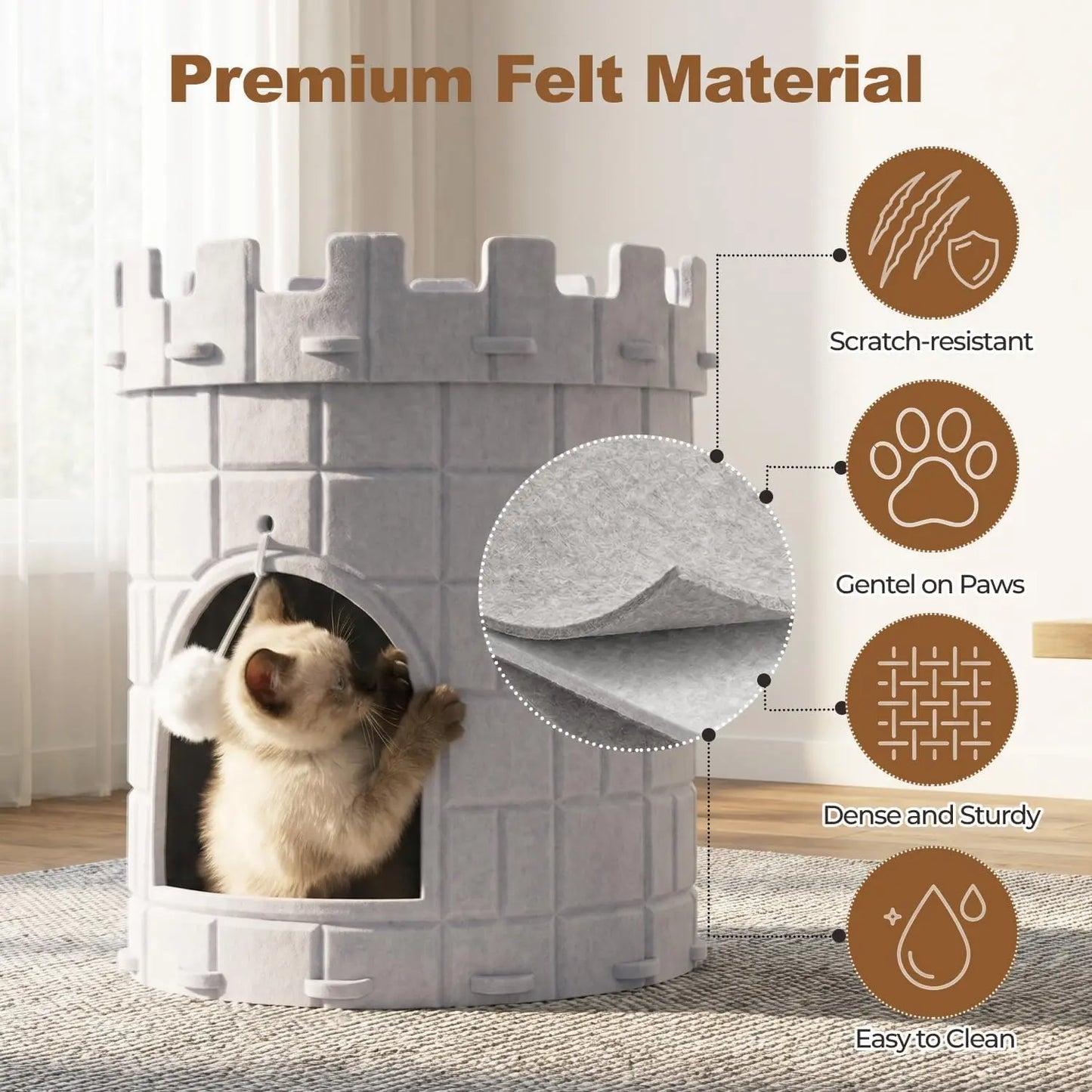 Best Castle Style Cat Cave, Extra Large Scratch Resistant Castle Condo, Large Size Cat Cave, Felt Cat Bed Cave Indoor, Cozy Kitten House with Hanging Ball, Perfect Cat Cave