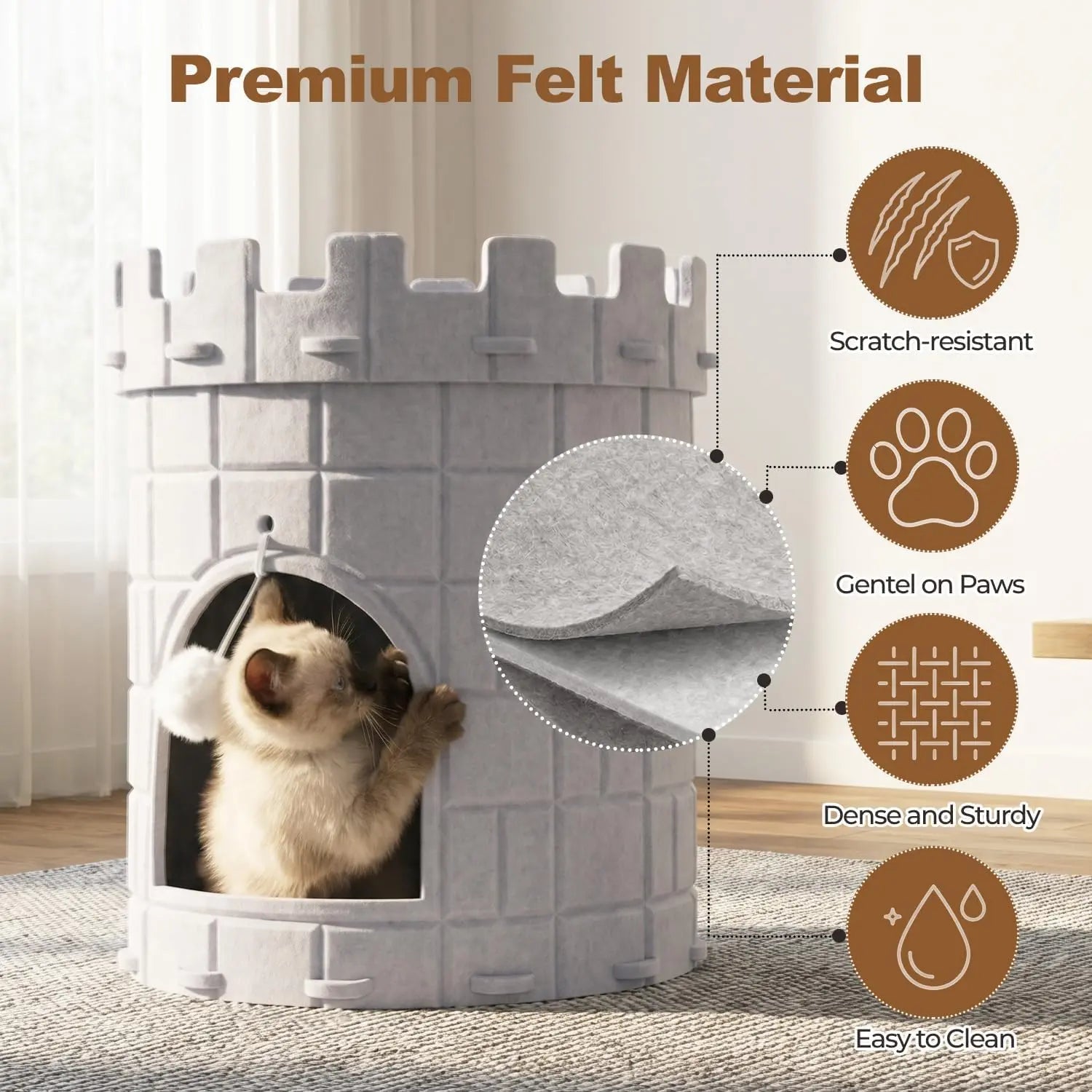 Best Castle Style Cat Cave, Extra Large Scratch Resistant Castle Condo, Large Size Cat Cave, Felt Cat Bed Cave Indoor, Cozy Kitten House with Hanging Ball, Perfect Cat Cave