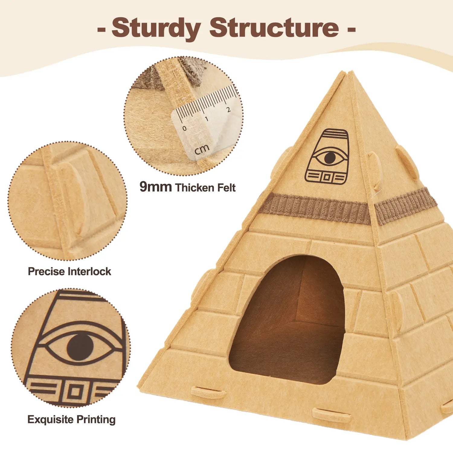 Cat Cave Bed for Indoor Cats – Scratch-Resistant Felt Cat House Hideaway with Pharaoh Headdress, Cozy Kitty Hut for Small to Medium Pets