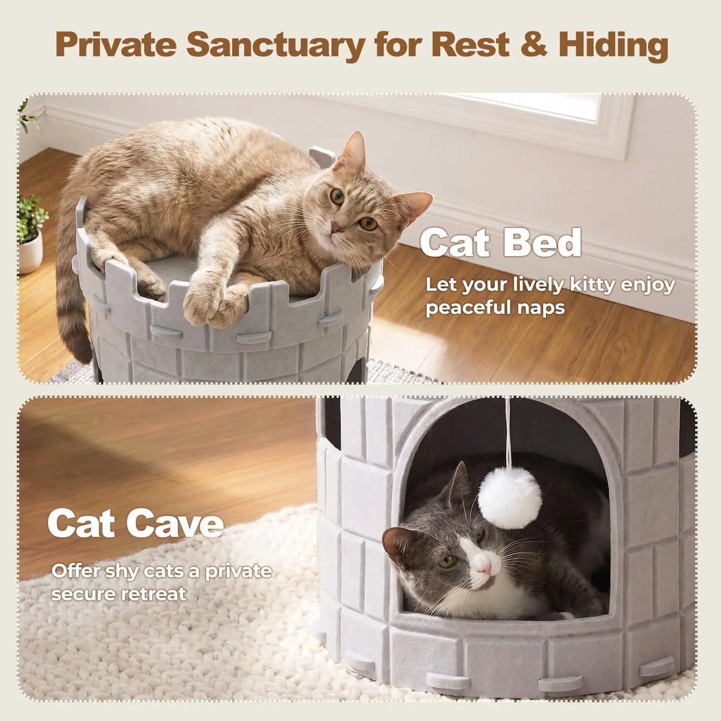 Best Castle Style Cat Cave, Extra Large Scratch Resistant Castle Condo, Large Size Cat Cave, Felt Cat Bed Cave Indoor, Cozy Kitten House with Hanging Ball, Perfect Cat Cave
