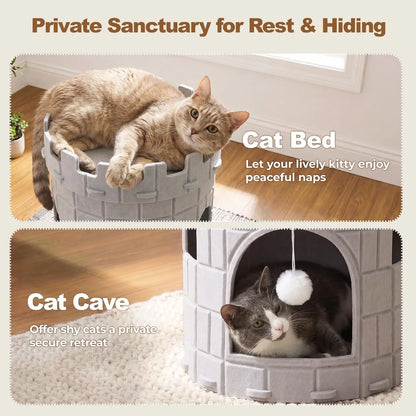 Best Castle Style Cat Cave, Extra Large Scratch Resistant Castle Condo, Large Size Cat Cave, Felt Cat Bed Cave Indoor, Cozy Kitten House with Hanging Ball, Perfect Cat Cave