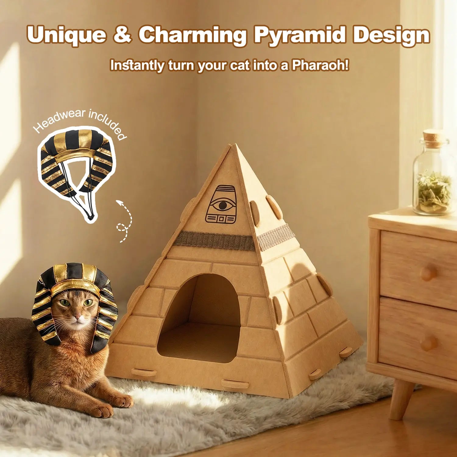 Cat Cave Bed for Indoor Cats – Scratch-Resistant Felt Cat House Hideaway with Pharaoh Headdress, Cozy Kitty Hut for Small to Medium Pets