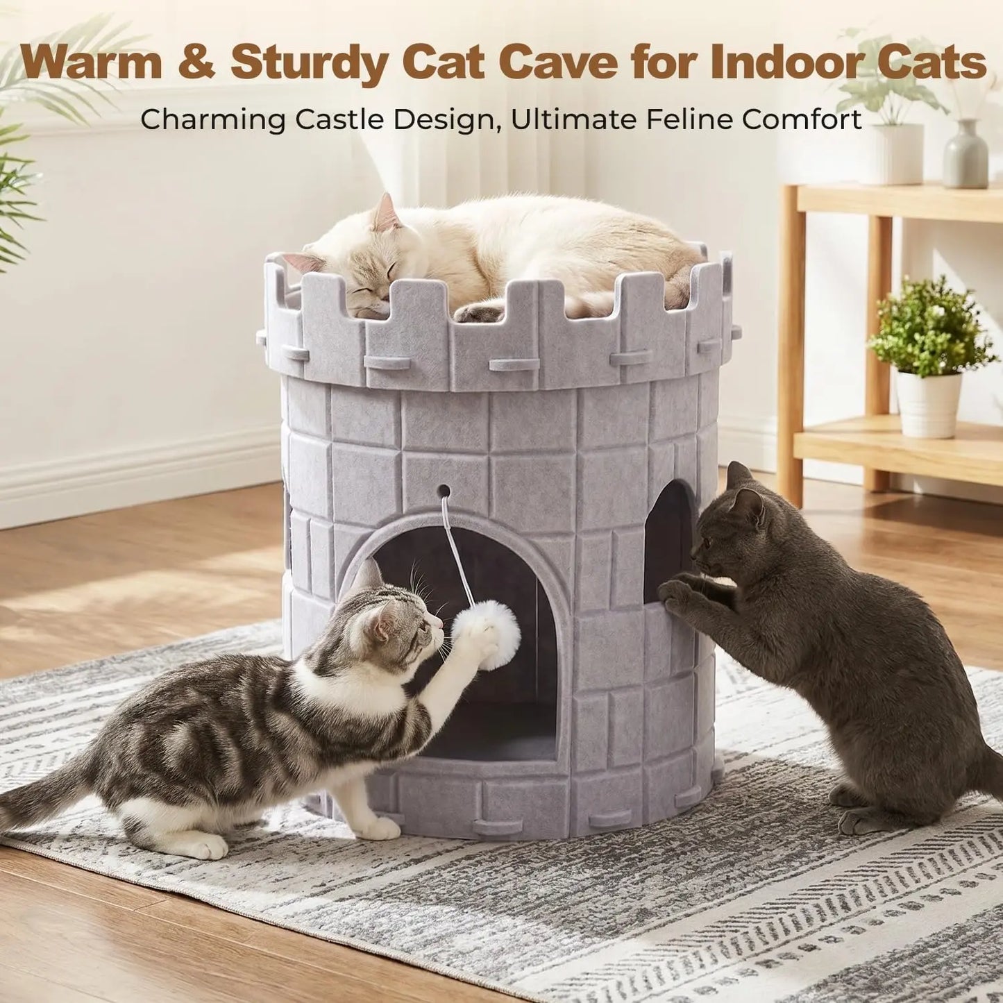 Best Castle Style Cat Cave, Extra Large Scratch Resistant Castle Condo, Large Size Cat Cave, Felt Cat Bed Cave Indoor, Cozy Kitten House with Hanging Ball, Perfect Cat Cave