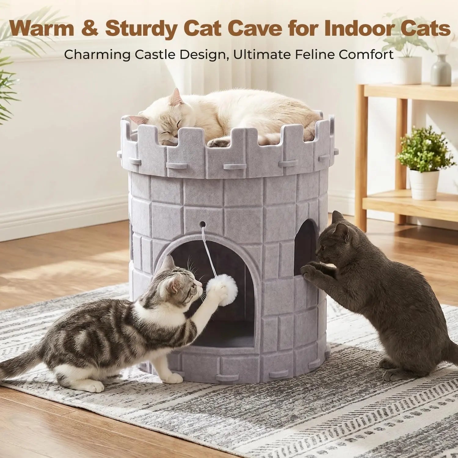 Best Castle Style Cat Cave, Extra Large Scratch Resistant Castle Condo, Large Size Cat Cave, Felt Cat Bed Cave Indoor, Cozy Kitten House with Hanging Ball, Perfect Cat Cave