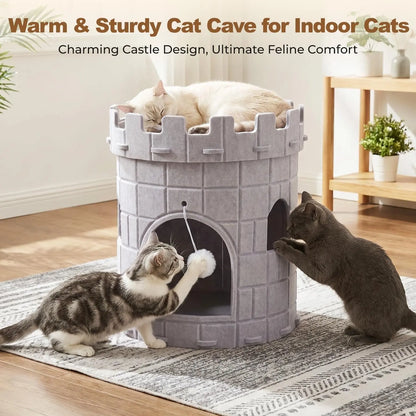 Best Castle Style Cat Cave, Extra Large Scratch Resistant Castle Condo, Large Size Cat Cave, Felt Cat Bed Cave Indoor, Cozy Kitten House with Hanging Ball, Perfect Cat Cave