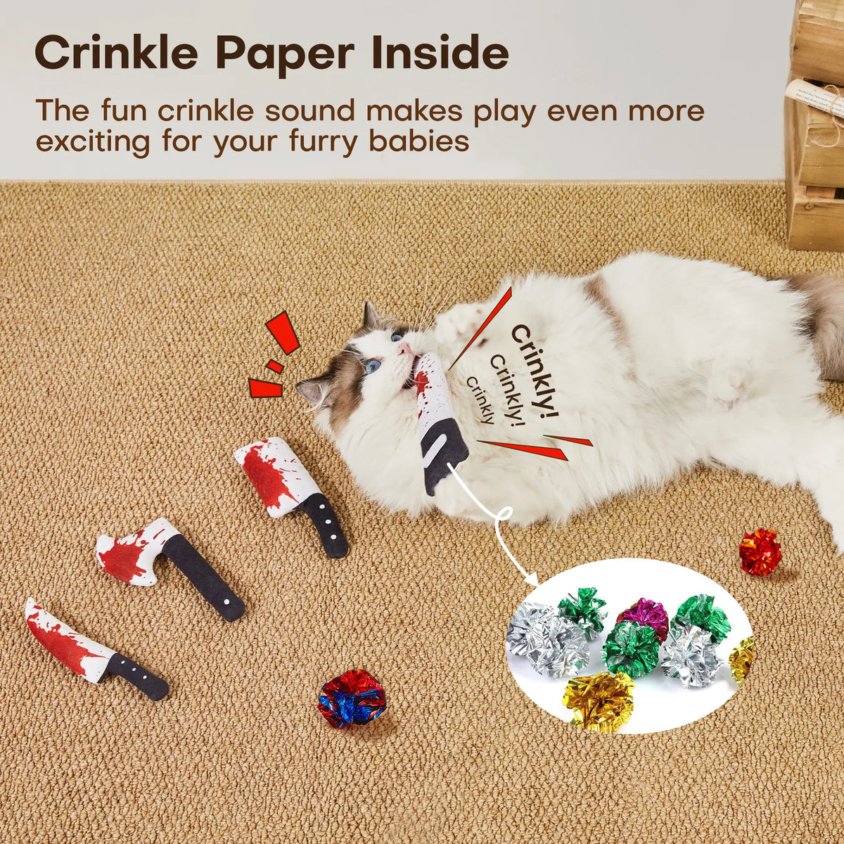 Potaroma 4Pcs Horror Knife-Shaped Cat Crinkly Toys - 6.5In Soft Kitten Toys with Crinkle Paper Sound, Indoor Entertainment Gear for All Cat Breeds Supporting Healthy Physical Movement & Calming Effect, 6.5 Inch