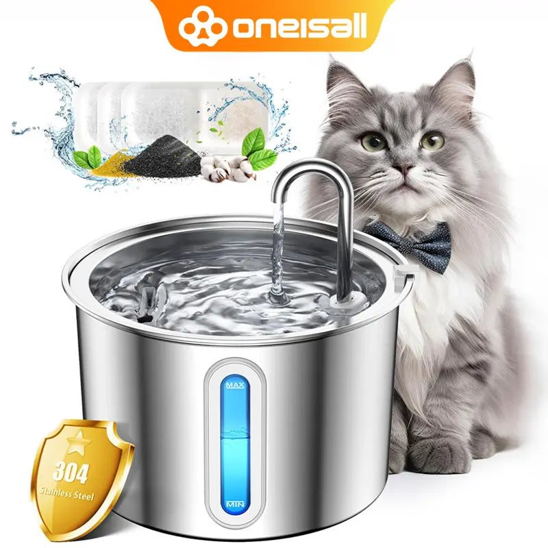 Oneisall Cat Water Fountain with 3 Replacement Filters,304 Stainless Steel, 2L/67Oz Automatic Water Fountain for Cats , Visual Water Level Window with Led,Gift for Pet