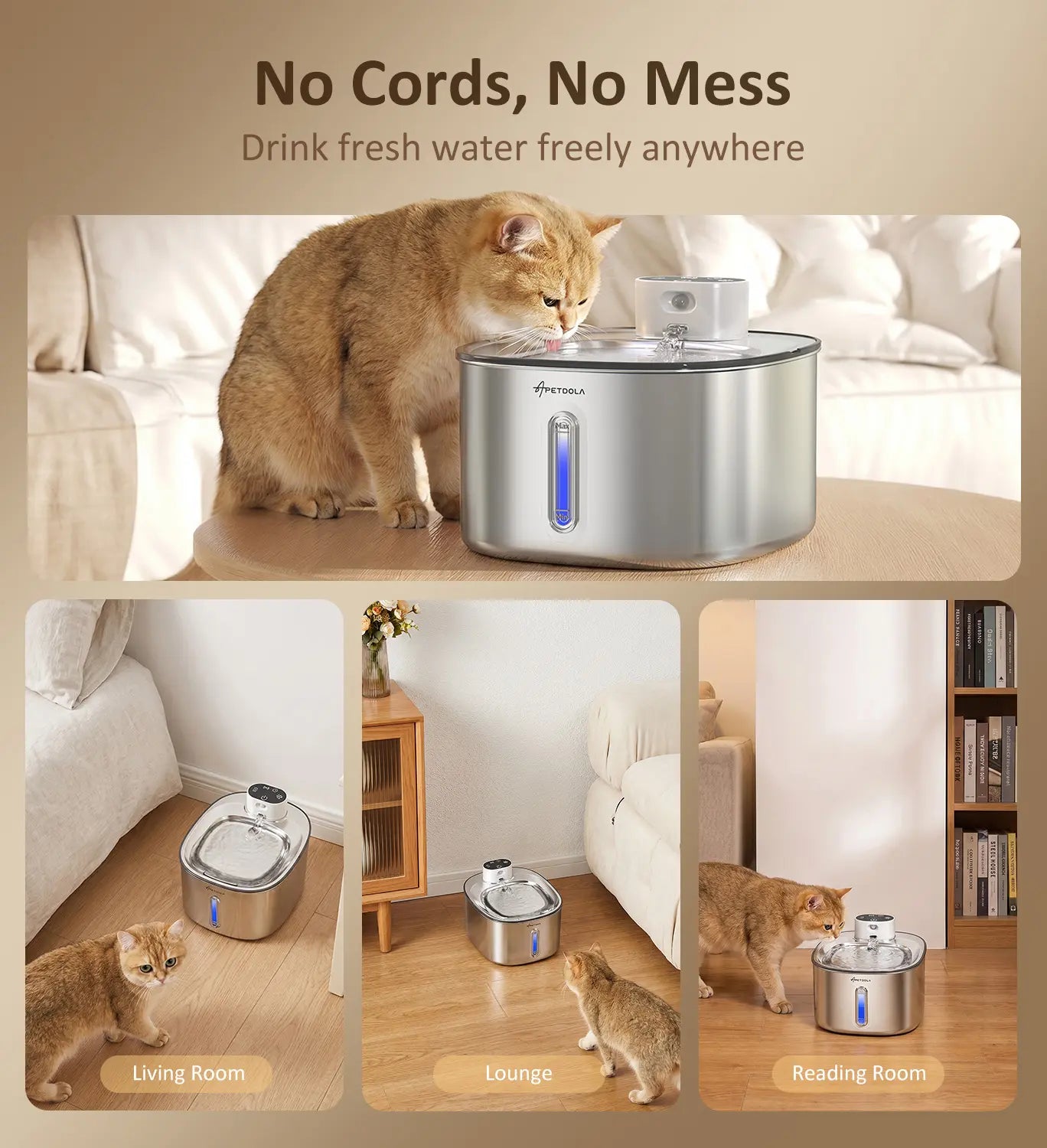 Wireless Cat Water Fountain Stainless Steel,135Floz/4L Battery Operated Automatic Pet Fountain,Cordless Cat Water Dispenser Pet Drinking Water Fountain for Multicat Cats Dog Outdoor