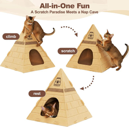 Cat Cave Bed for Indoor Cats – Scratch-Resistant Felt Cat House Hideaway with Pharaoh Headdress, Cozy Kitty Hut for Small to Medium Pets
