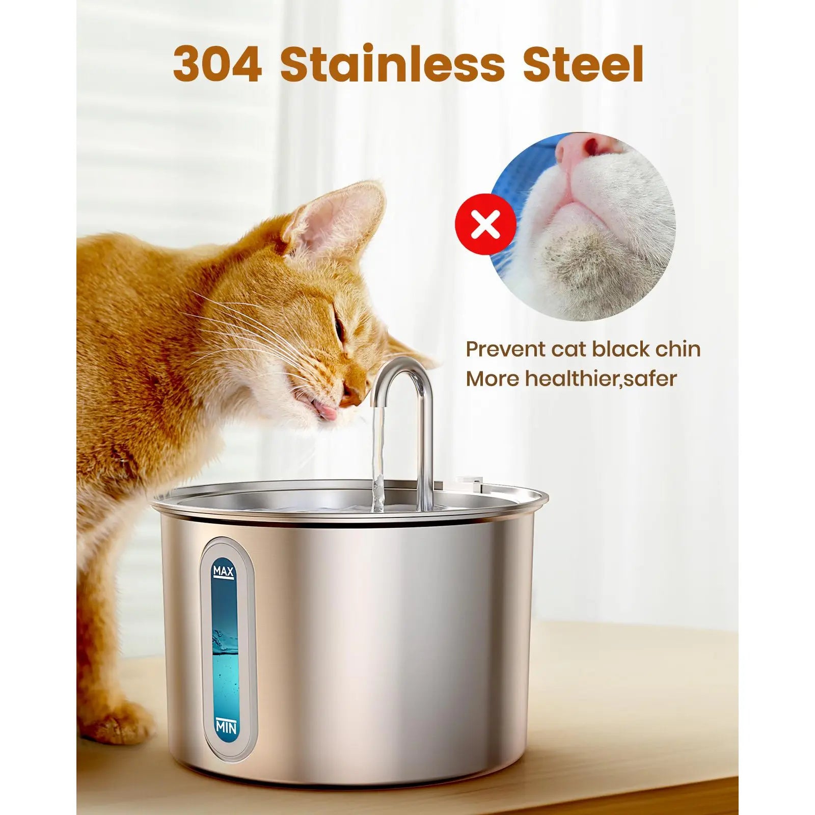 Oneisall Cat Water Fountain with 3 Replacement Filters,304 Stainless Steel, 2L/67Oz Automatic Water Fountain for Cats , Visual Water Level Window with Led,Gift for Pet