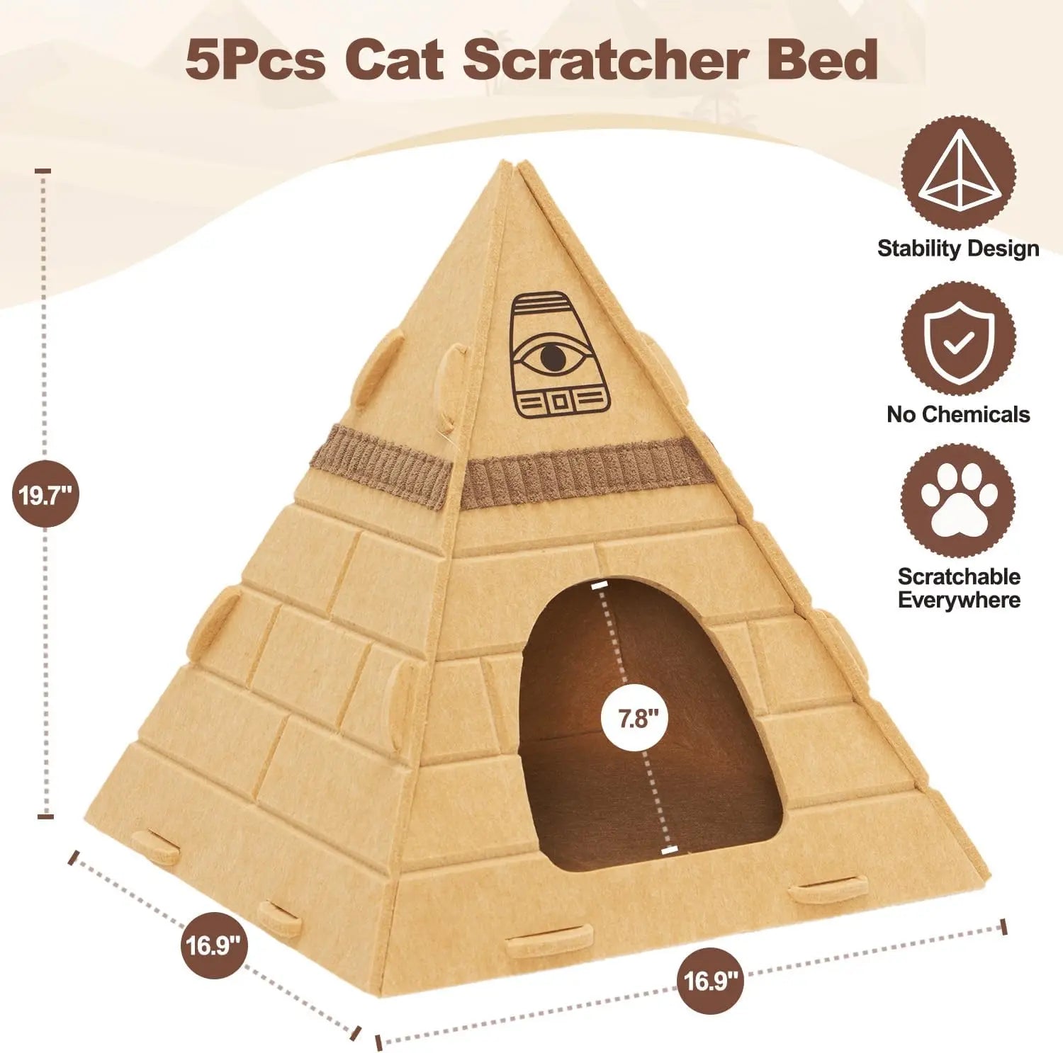 Cat Cave Bed for Indoor Cats – Scratch-Resistant Felt Cat House Hideaway with Pharaoh Headdress, Cozy Kitty Hut for Small to Medium Pets