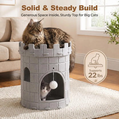 Best Castle Style Cat Cave, Extra Large Scratch Resistant Castle Condo, Large Size Cat Cave, Felt Cat Bed Cave Indoor, Cozy Kitten House with Hanging Ball, Perfect Cat Cave